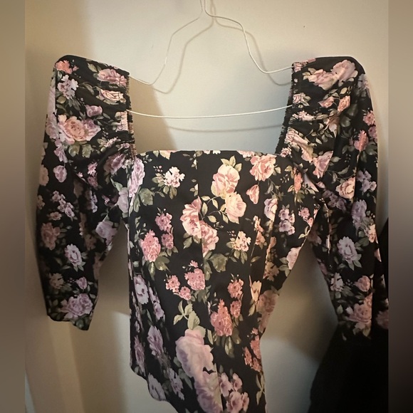 Black Pink Floral Long puff Sleeve Cropped Corset Tue Up Top - Picture 3 of 10